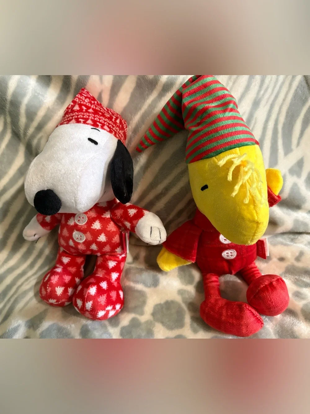 Peanuts Snoopy and Woodstock Plush in Red Pajamas and Nightcap Dog Toys
